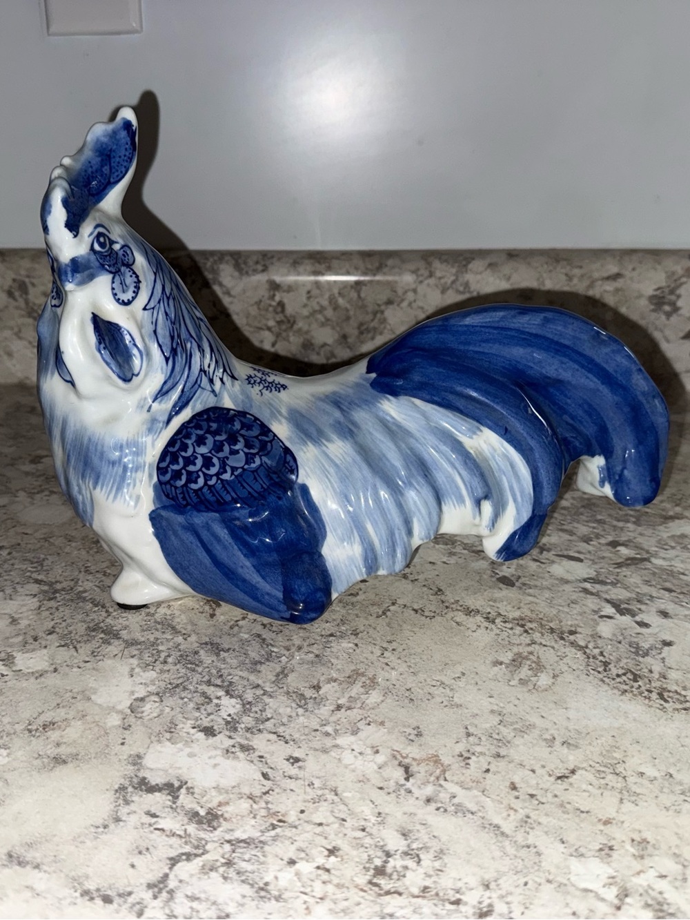Vintage Delft Style Hand Painted Porcelain Rooster Figurine Blue & White Stamped